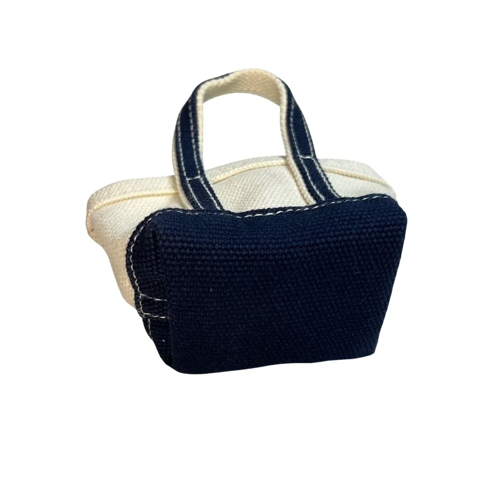Lands End Mini Canvas Tote Bag Keychain Cream Navy Blue Boat and Tote Accessory